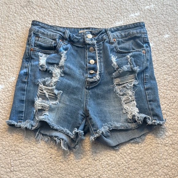 High Rise Distressed Blue Jean Button Fly Shorts with Raw Cut-Off Hem - Picture 1 of 7